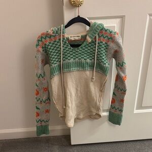 Free People V-Neck Sweater in Green and Orange